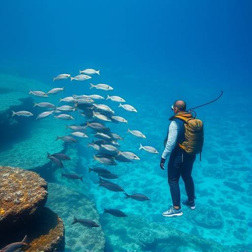 Buceador observando un banco de peces en un arrecife submarino claro