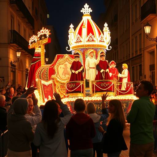Carroza de los Reyes Magos desfilando en una cabalgata nocturna, rodeada de ni&ntilde;os emocionados.