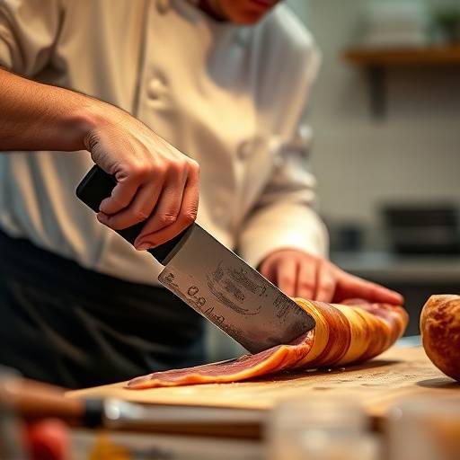 Chef profesional demostrando la t&radic;&copy;cnica de corte de jam&radic;&ge;n ib&radic;&copy;rico en un taller.
