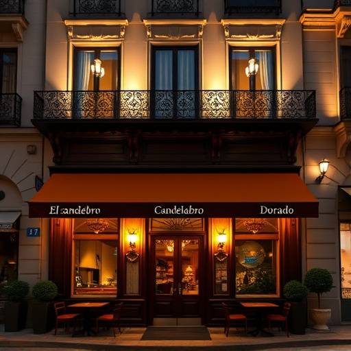 Fachada elegante del restaurante 'El Candelabro Dorado' en el Barrio de Salamanca, Madrid.