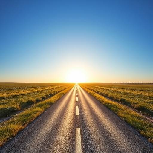 Imagen abstracta de un camino abierto hacia un horizonte soleado, simbolizando la accesibilidad y el viaje.