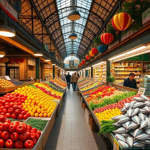 Interior bullicioso del Mercado de La Boquer&radic;&ne;a en Barcelona, con puestos de frutas, verduras y pescados coloridos.