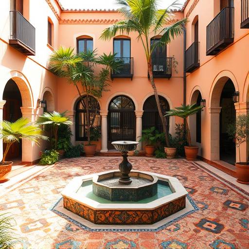 Interior de un patio andaluz decorado con azulejos coloridos y plantas exuberantes, con una fuente central.