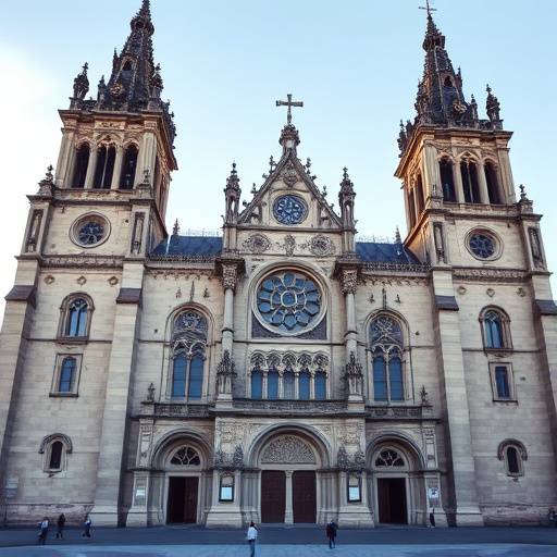 La Catedral de Santiago de Compostela vista desde el exterior, con su fachada rom&aacute;nica y torres imponentes.