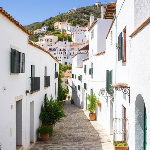 Las calles encaladas de un pueblo blanco en la sierra de Ronda, M&aacute;laga.