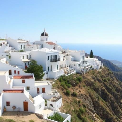 Las pintorescas casas blancas de un pueblo de Andaluc&iacute;a, colgadas en una ladera con vistas al mar Mediterr&aacute;neo.
