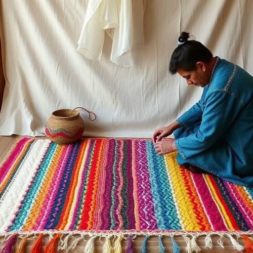Manos tejiendo una alfombra tradicional en un telar de madera, con hilos de colores vibrantes