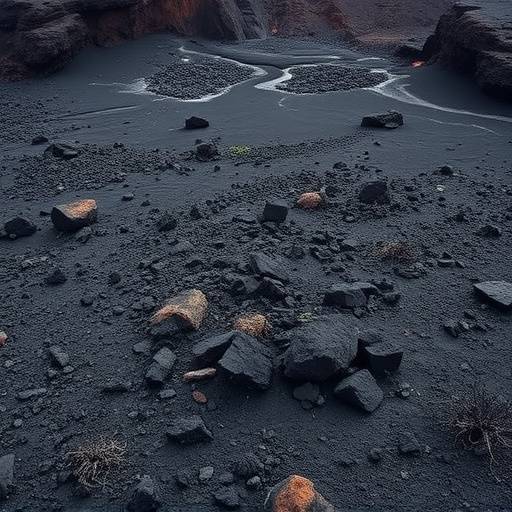 Paisaje volc&radic;&deg;nico con formaciones rocosas oscuras y vegetaci&radic;&ge;n escasa en Lanzarote