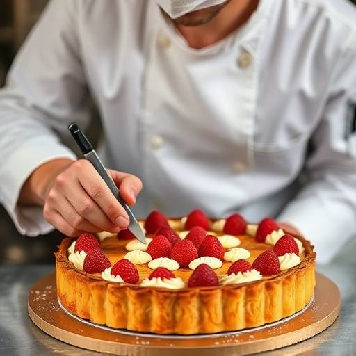Pastelero decorando un postre tradicional espa&radic;&plusmn;ol, como una tarta de Santiago.