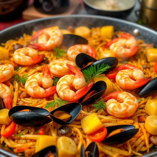 Plato humeante de paella valenciana reci&radic;&copy;n hecha, con gambas, mejillones y verduras frescas
