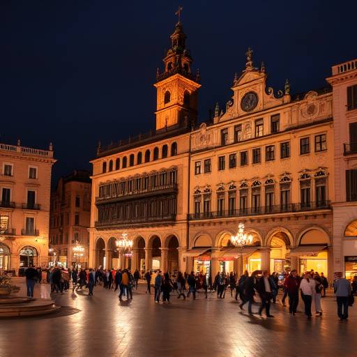 Plaza Mayor de Salamanca iluminada por la noche, con sus edificios hist&radic;&ge;ricos y ambiente animado.