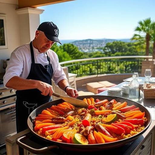 Un chef preparando una paella tradicional en una cocina al aire libre en la Costa del Sol, con ingredientes frescos a la vista.