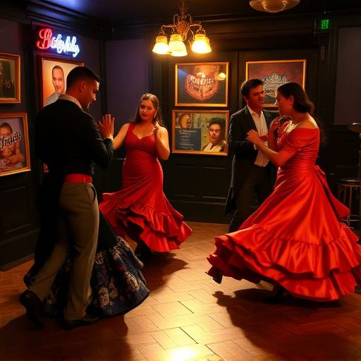 Un grupo de flamencos bailando apasionadamente en un tablao &radic;&ne;ntimo en Madrid, con luces tenues y ambiente cargado.