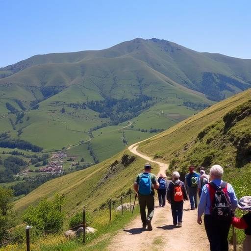 Un grupo de peregrinos caminando por el Camino de Santiago en un paisaje verde y monta&radic;&plusmn;oso.