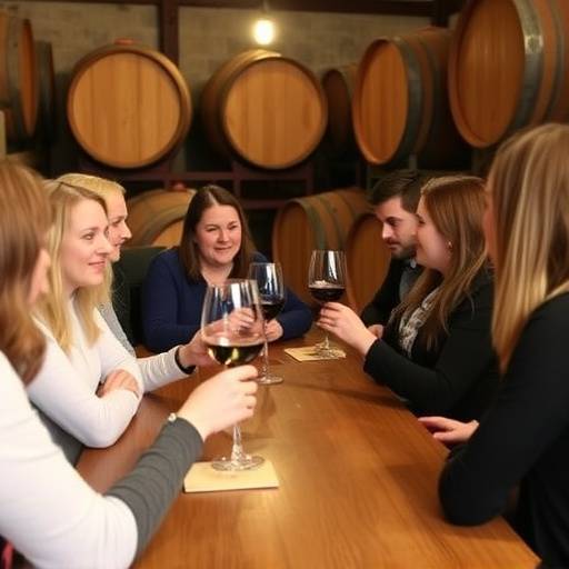 Un grupo disfrutando de una cata de vinos en una bodega hist&oacute;rica con barricas de roble.
