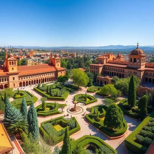Vistas panor&radic;&deg;micas de la Alhambra en Granada, con sus intrincados patios y jardines exuberantes.